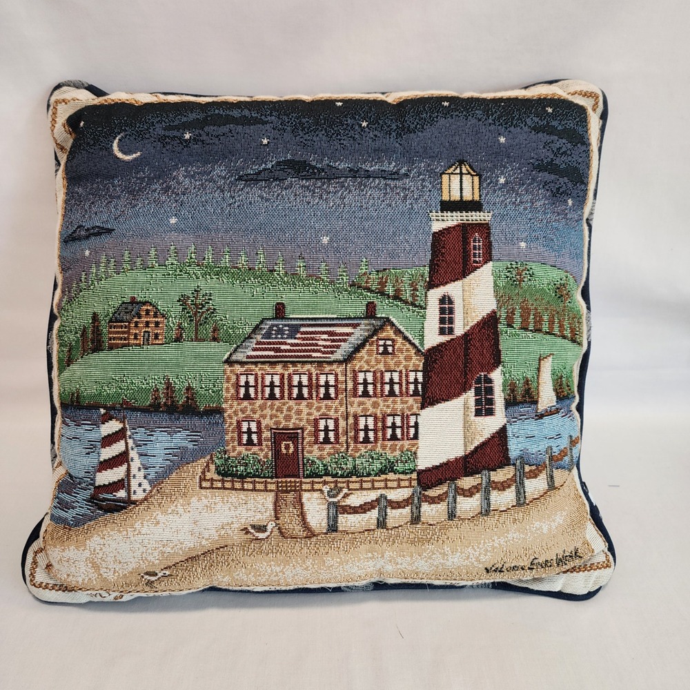 La France Home Valerie Evans-Wask Lighthouse Tapestry Nautical Throw Pillow USA